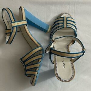 MAC Jacobs Canvas Blue and Cream Pattern Strappy Heel Sandals Size 8.5